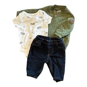 3-Piece Baby Boy Set -Bodysuit, Quilted Jacket & Jeans Size 3mo Cars Trucks